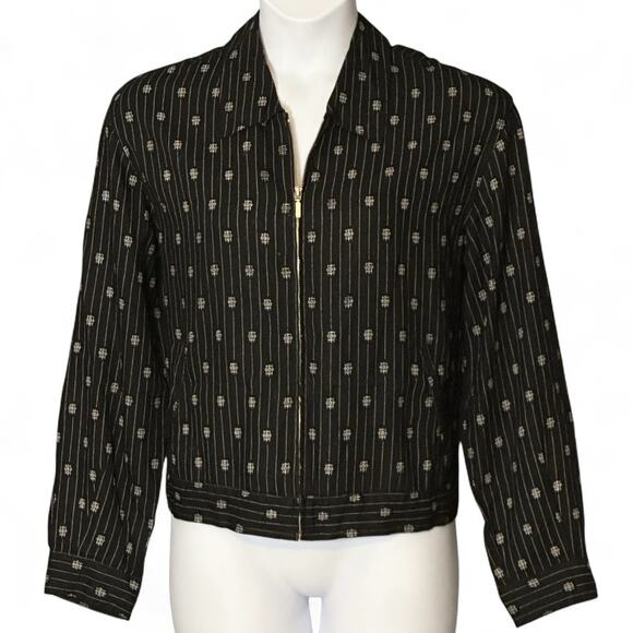 Vintage 90s Chico’s Design Linen Blend Jacket Sz L / 2 Black White Boho Full Zip - Picture 2 of 11